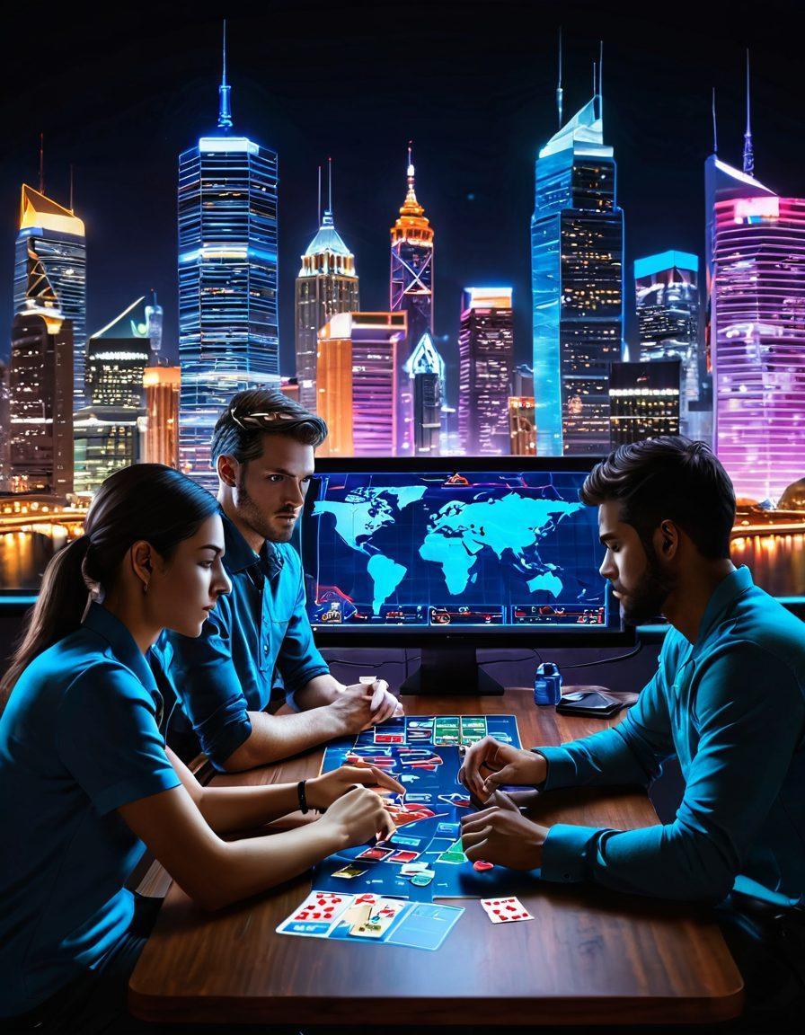 A vibrant scene depicting a group of diverse players engaged in an intense online rummy game, surrounded by digital interfaces showing live statistics and trend charts. The background features a modern city skyline at night, illuminated by neon lights, symbolizing the online gaming environment. Elements of cards and chips floating digitally around them, connecting the players with the virtual world. super-realistic. vibrant colors. digital art.