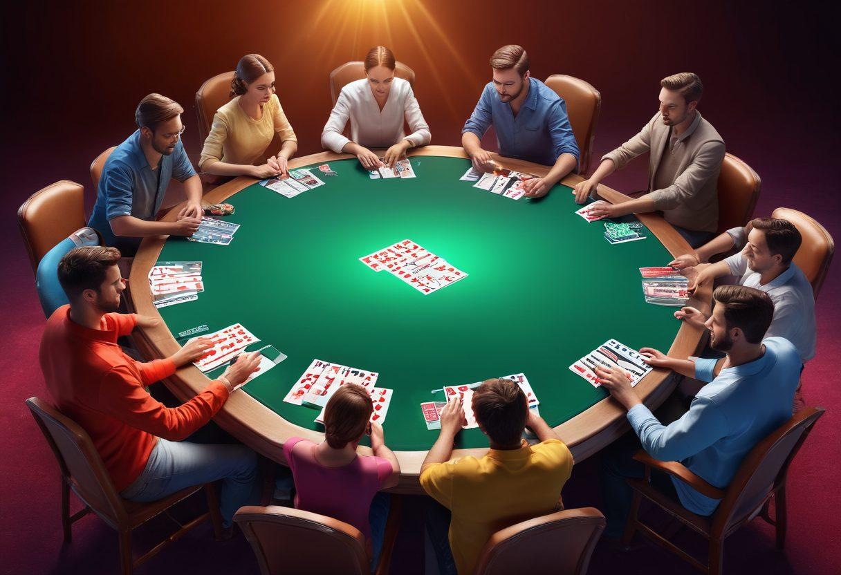 A dynamic scene of people engaged in an intense game of rummy around a virtual table, with cards spread out, glowing digital interfaces displaying tips and strategies. Include futuristic gaming elements, like holographic effects and vibrant colors to symbolize the online gaming trend. Show a blend of excitement and concentration among players. super-realistic. vibrant colors. 3D.