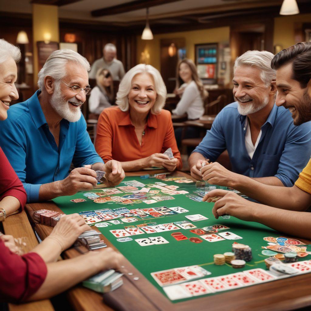 A vibrant scene depicting a diverse group of people engaged in a lively game of rummy, showcasing different ages and nationalities. Include promotional banners in the background highlighting bonus offers and community events. The table is filled with colorful playing cards and chips, creating an inviting atmosphere. Add a digital scoreboard displaying scores in real-time to emphasize the multiplayer aspect. super-realistic. vibrant colors. modern design.